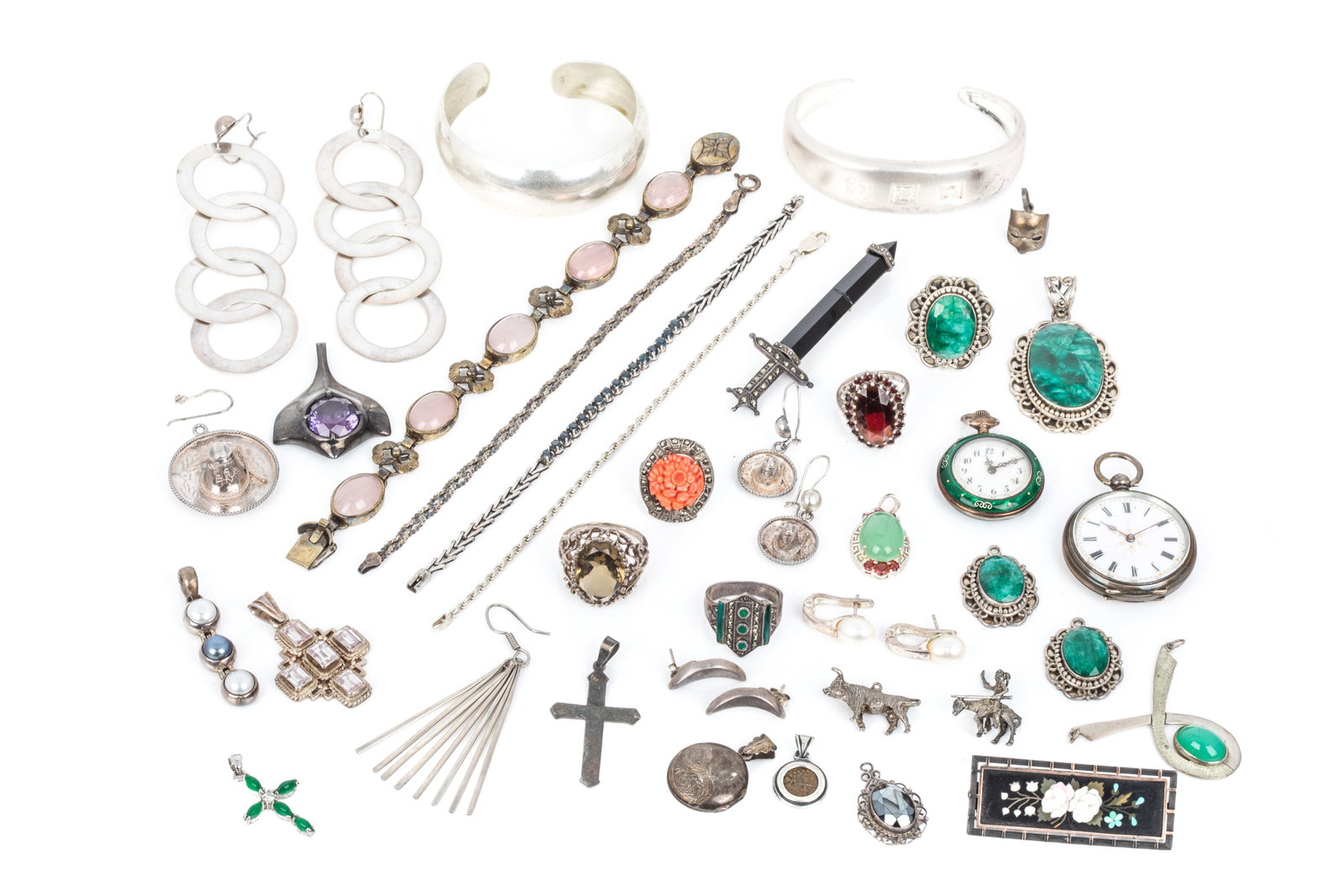 MIXED SILVER JEWELLERY & POCKET WATCHES 364g: 2 open cuff bracelets both stamped and testing 925. 72.8 grams 2 silver cased pocket watches, 1 enamelled.58.1 grams 4 silver bracelets, 2 contain gemstones. 37.2 grams 5 silver and gemstone rings