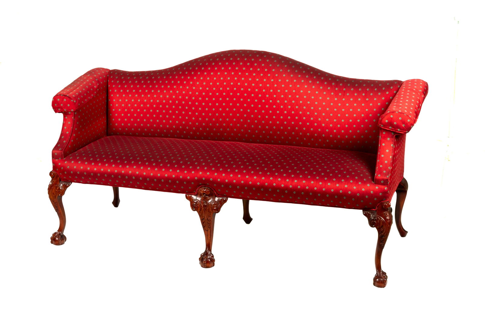 20th C CHIPPENDALE-STYLE RED UPHOLSTED SOFA (1 of 3)