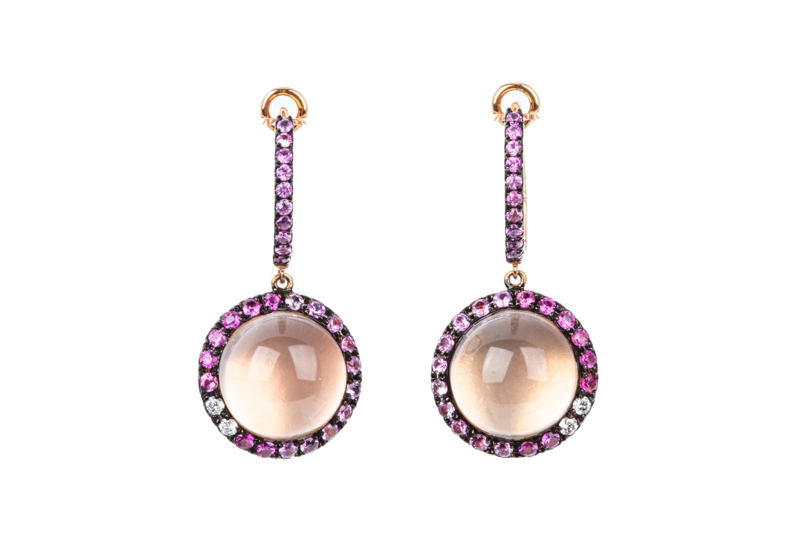 18K PINK SAPPHIRE & ROSE QUARTZ EARRINGS 8.1g (1 of 4)
