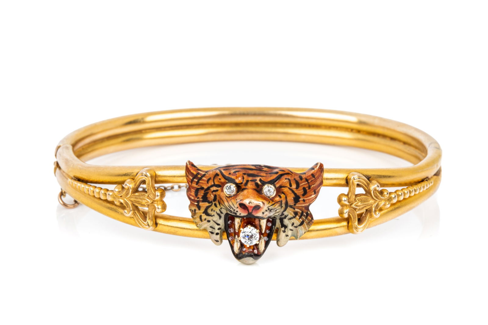 1910s BENGAL, INDIA 14K ENAMEL TIGER BANGLE 24g: Antique 14K yellow gold enameled tiger bangle bracelet purchased in the 1910s in Bengal, India by then Lord Advocate of Bengal, George Harry Blair Kenrick. Measures 64.5mm by 52mm interior, 18.3mm wid