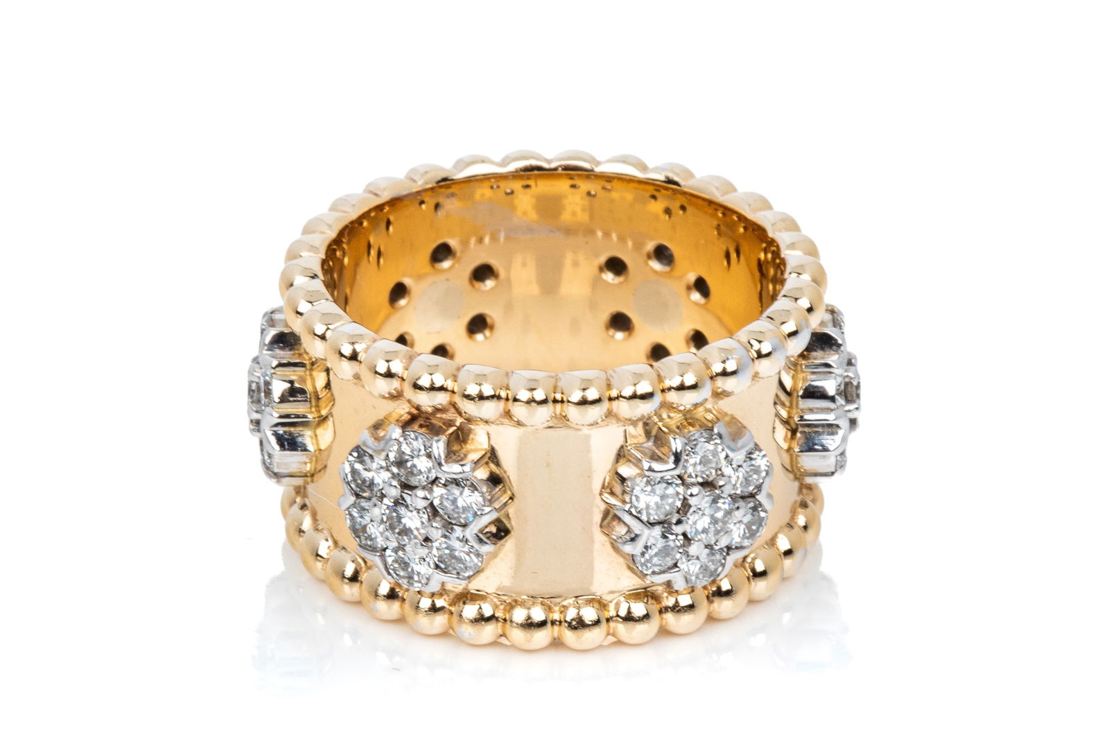 14K 12.8MM WIDE 2.10cts DIAMOND CLUSTER BAND 16.5g: 14K yellow and white gold floral cluster band measuring 12.8mm wide consistently. Featuring 42 round brilliant cut diamonds measuring approximately 2.40mm in diameter, estimated total diamond weight 2