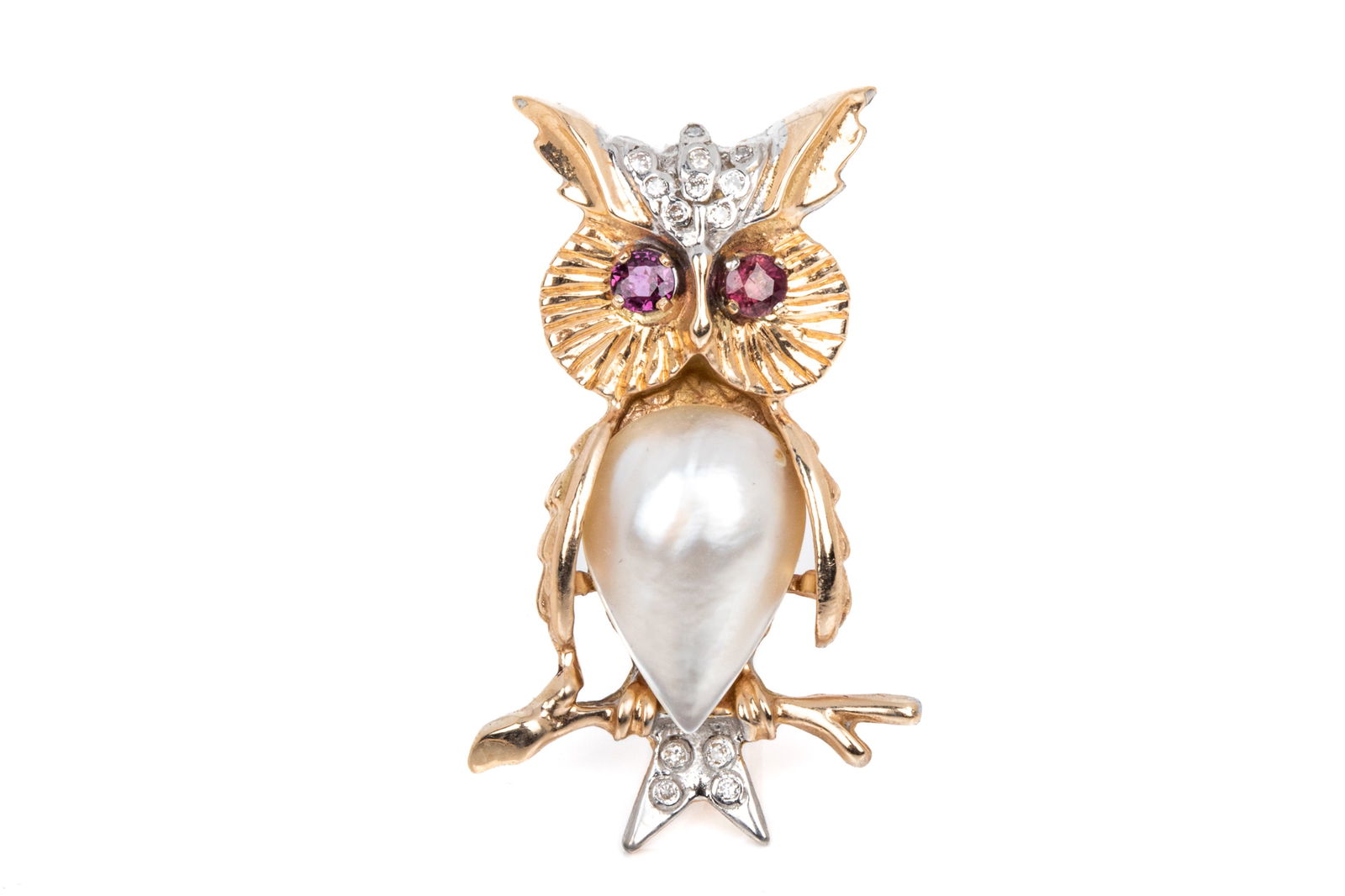 14K MABE PEARL & DIAMOND OWL BROOCH 14.2g (1 of 3)