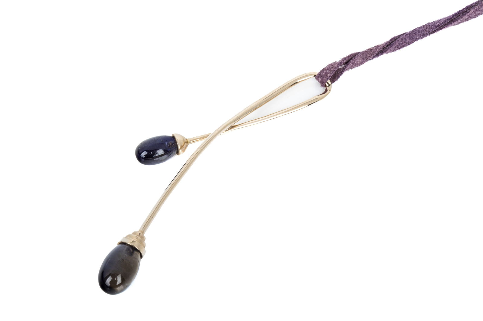18K IOLITE EMPORIO ARMANI PURPLE SUEDE NECKLACE: Like-new unworn Emporio Armani 18K white gold drop pendant measuring 66.3mm long by 7.1mm wide. Featuring 2 half drilled natural iolite drops displaying the gems signature trichroism; changing colors