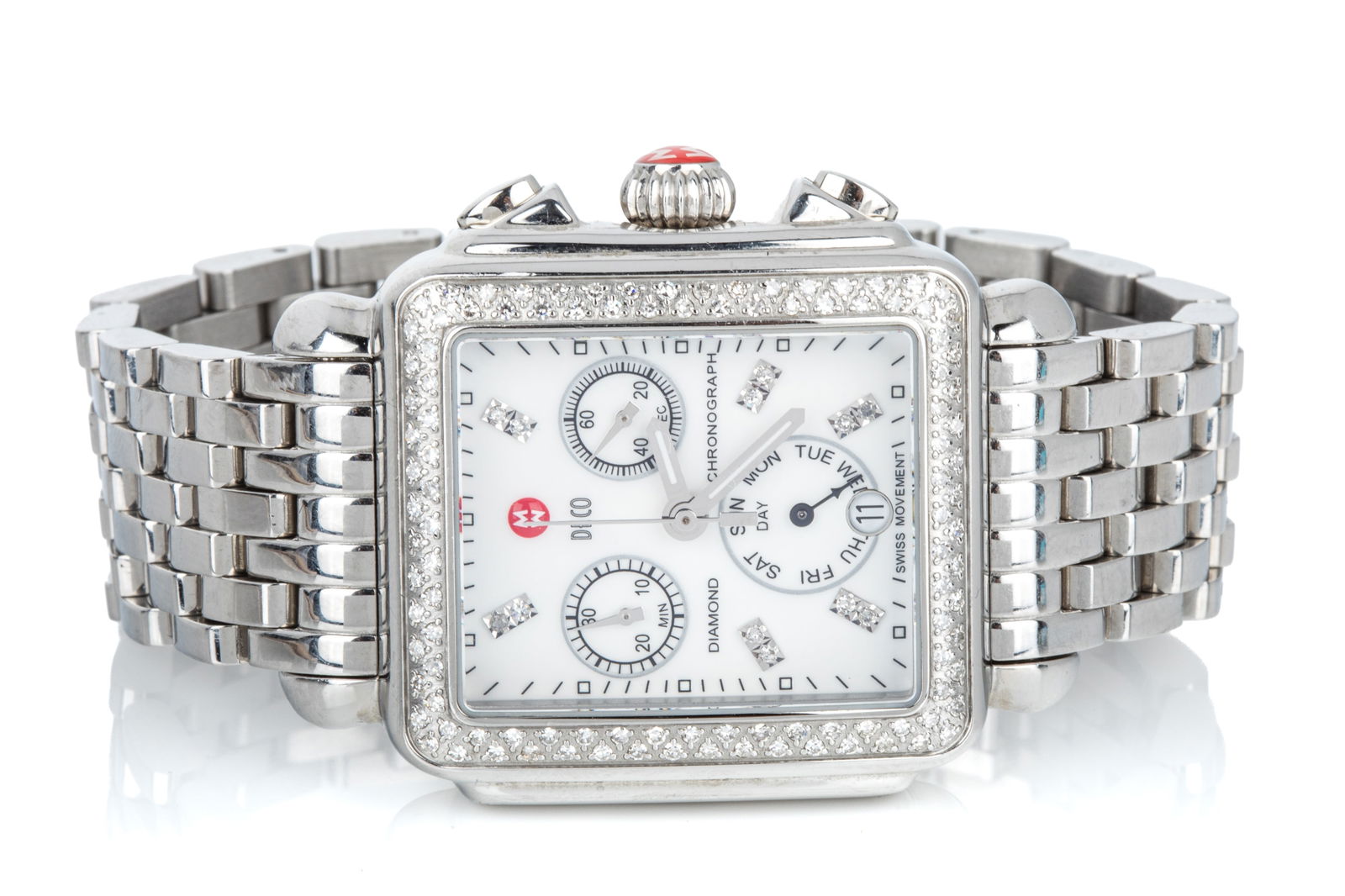 MICHELE DECO STAINLESS DIAMOND CHRONO MOP: Michele Deco Stainless Diamond ladies wristwatch, quartz, chronograph, day/date, model MWW06A000775, serial number CQ38802SS. Case measures 35mm wide by 10mm thick, features 120 round single cut diamo