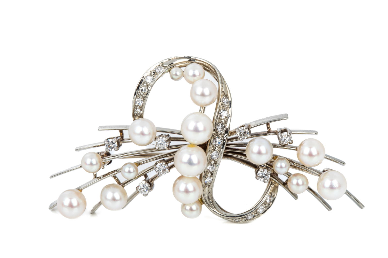 18K WHITE GOLD PEARL & DIAMOND SPRAY BROOCH 10.7g (1 of 4)