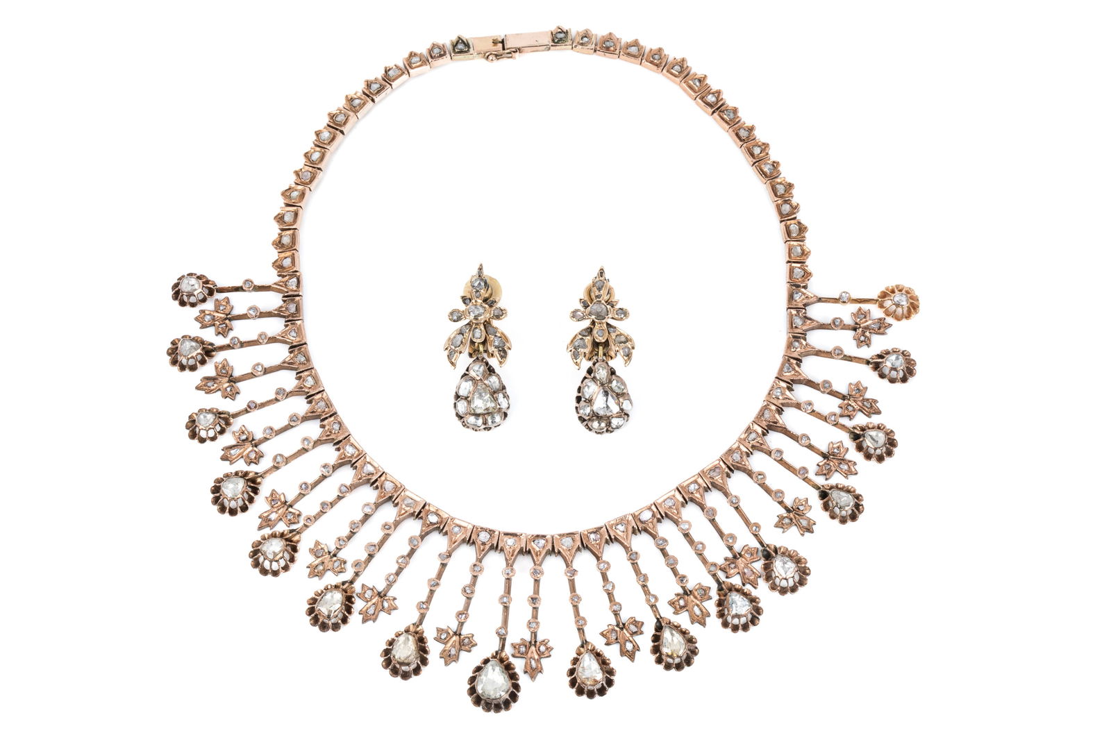PERSIAN QAJAR DYNASTY NECKPIECE & EARRING SET: Originally belonging to the former Empress of Iran, Farah Pahlavi. The set was gifted to the daughter of Ali Akbar Siassi, who worked for the Queen in her royal jewellery museum in the mid-1970s. The