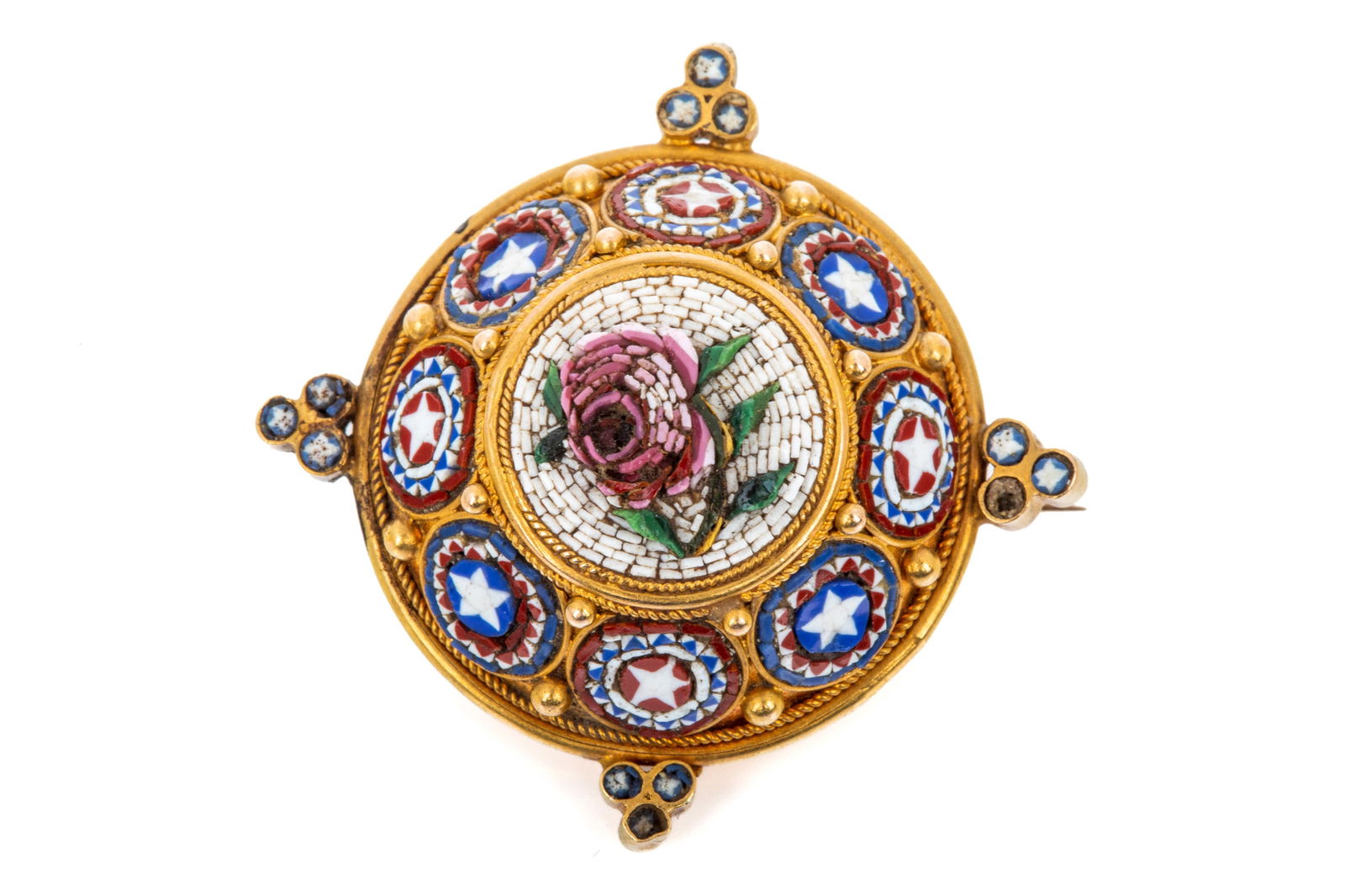 18K LATE GEORGIAN MICO MOSAIC LOCKET BROOCH 12.4g: Yellow gold late Georgian era micro mosaic brooch testing approximately 18K, measuring 32.9mm by 33.3mm, equipped with tube hinge and C clasp. Featuring a 3 dimensional raised micro mosaic pink rose,