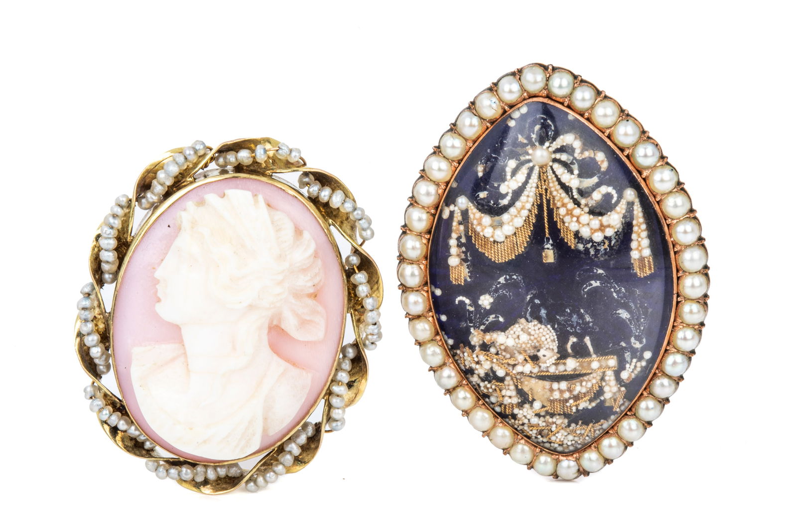 10K & 9K ANTIQUE SEED PEARL BROOCH/PENDANTS 14.6g: Antique Victorian era seed pearl diorama brooch pendant testing approximately 9K rose gold, measuring 39.5mm long (with bail) by 26.5mm wide, equipped with tube hinge and C catch, and ring bail. Frame