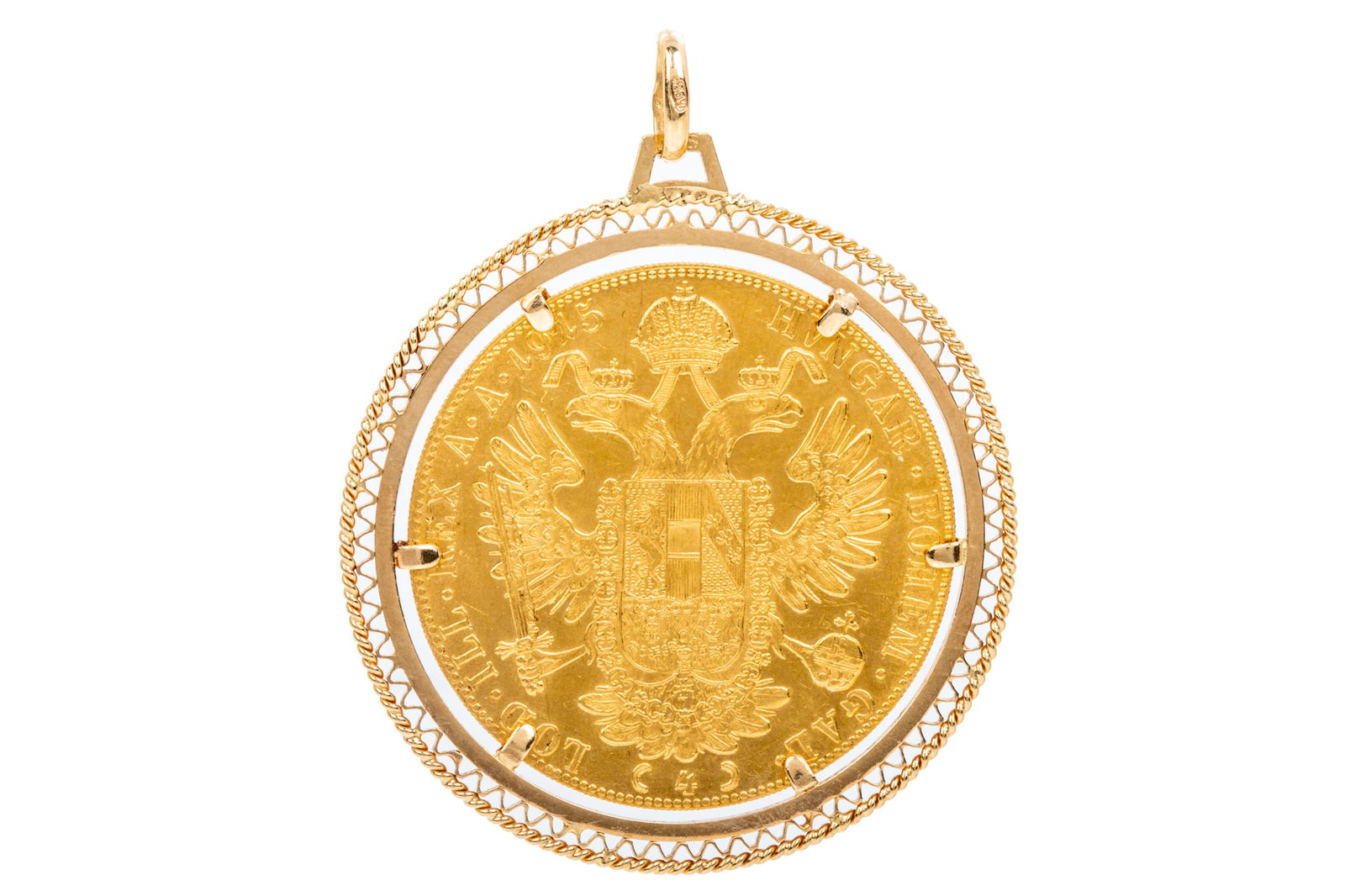 18K COIN FRAME PENDANT w 4 DUCAT 1915 GOLD COIN (1 of 6)