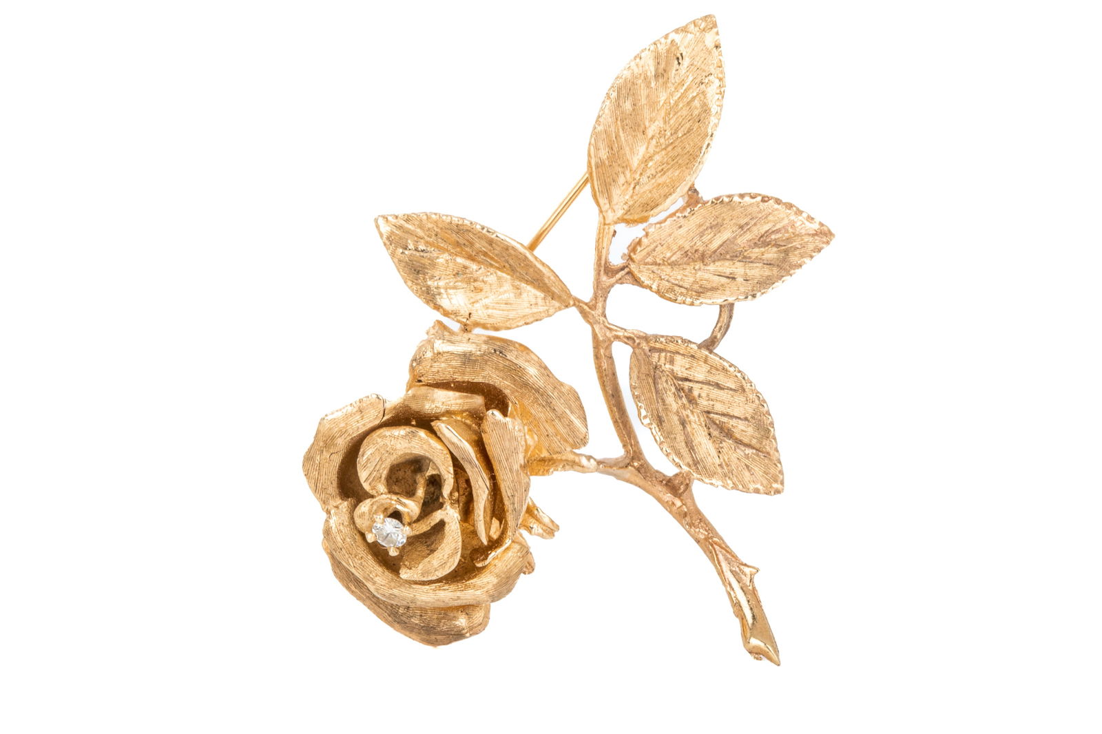 14K YELLOW GOLD DIAMOND ROSE BROOCH 15.7g (1 of 3)