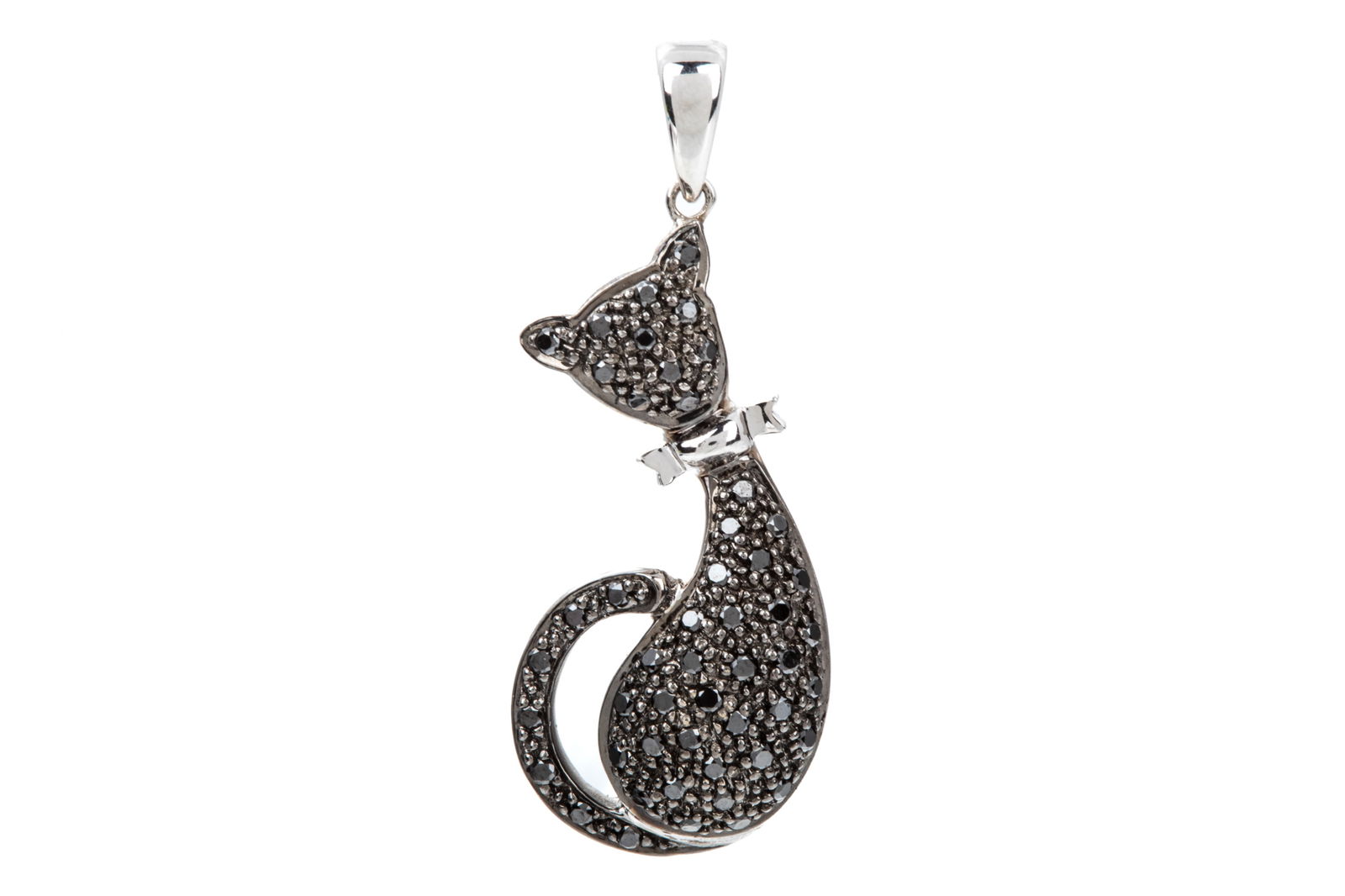 14K BLACK DIAMOND CAT PENDANT 3.6g: 14K white gold cat pendant measuring 32mm long (with bail) by 12.5mm wide by 5mm thick. Pave set with round brilliant cut black diamonds, backed by black rhodium plating. 3.6 grams