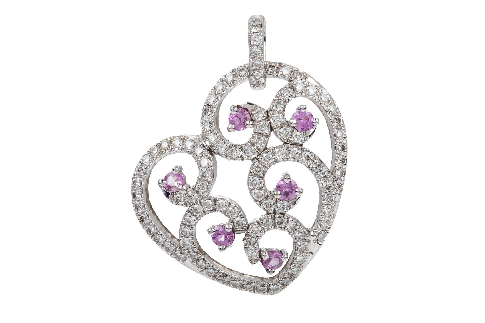 18K DIAMOND & NAT PINK SAPPHIRE HEART PENDANT 7.8g: 18K white gold heart pendant measuring 33.1mm long (including articulated bail) by 26.3mm wide. Featuring 6 round brilliant cut natural light pink sapphires, eye clean, very good cut. Accented by roun