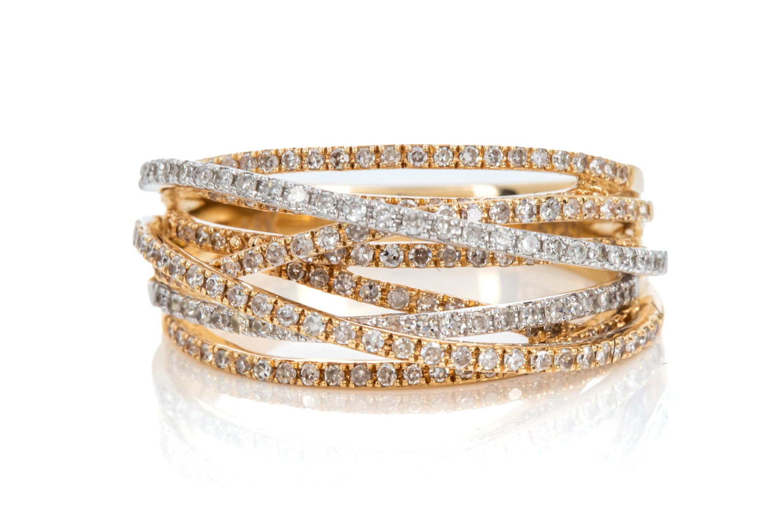 EFFY 14K DIAMOND CRISSCROSS RING 5.2g: Effy 14K yellow and white gold crisscross ring measuring 9.8mm wide by 5.3mm tall. Featuring petite round single cut diamonds of SI-I1-HI quality. Size 7 5.2 grams