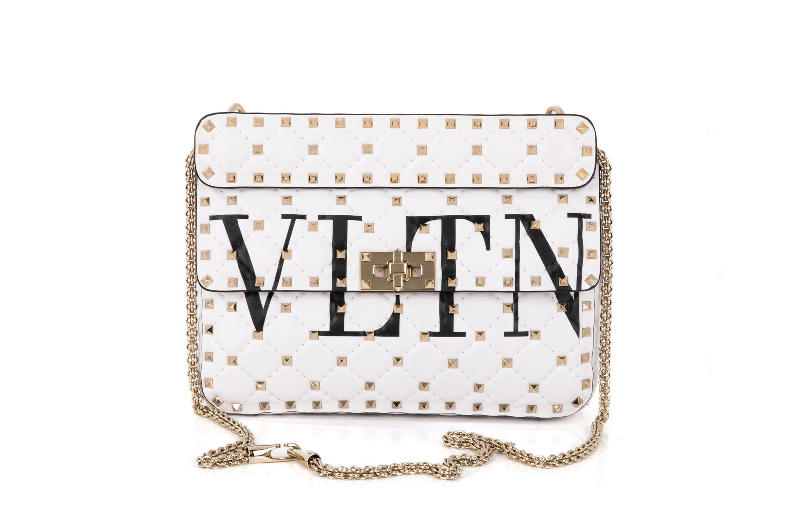 VALENTINO WHITE ROCKSTUD SPIKE VLTN CROSSBODY BAG: Valentino White Leather Rockstud Spike Small VLTN Crossbody Bag Gold-tone Hardware, made in Italy. Includes original dust bag, detachable shoulder chain and flat handle. Serial number on the plastic t
