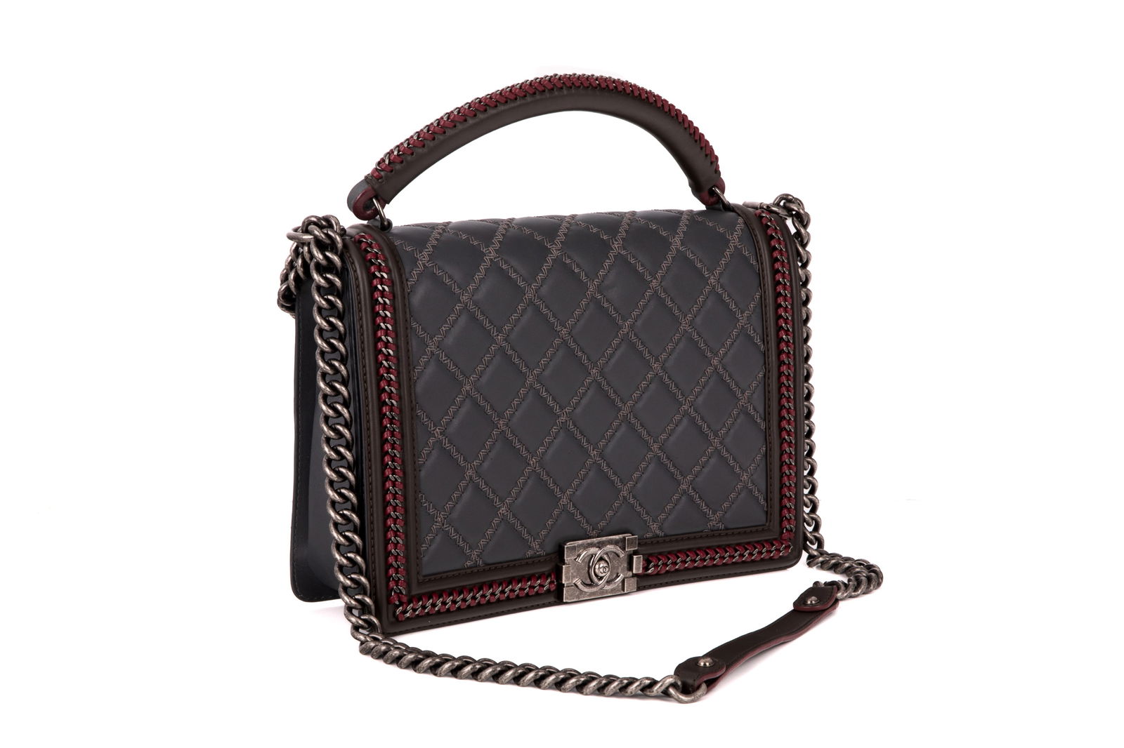 CHANEL CALFSKIN INTERWOVEN CHAIN LARGE BOY HANDBAG: Chanel Grey Quilted Calfskin Interwoven Chain Top-Handle Large Boy Handbag Ruthenium-Finish Hardware, 2015-2016, made in France. Including original dust bag. Does not include original box, care bookle