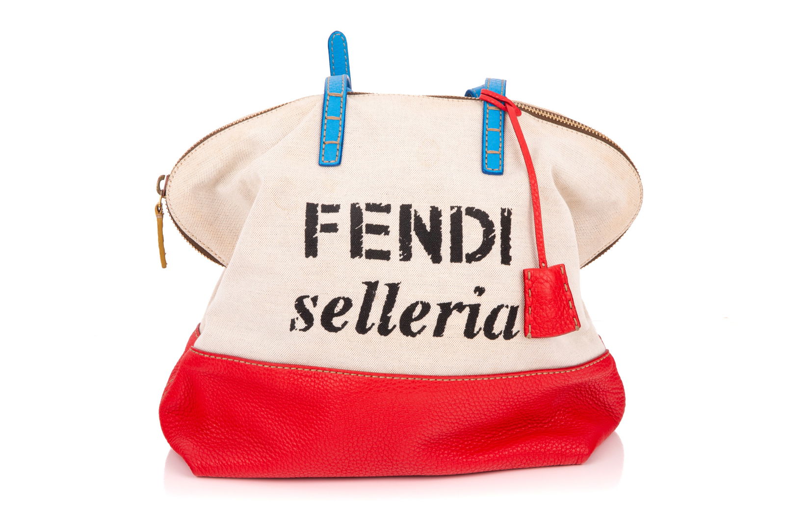 FENDI SELLERIA 2BAG CANVAS AND LEATHER TOTE BAG: Fendi Red and Blue Selleria 2Bag Canvas and Leather Tote Bag Brass Hardware, made in Italy. Including two keys and a lock. Does not include original dust bag. Serial number on sterling silver tag insi