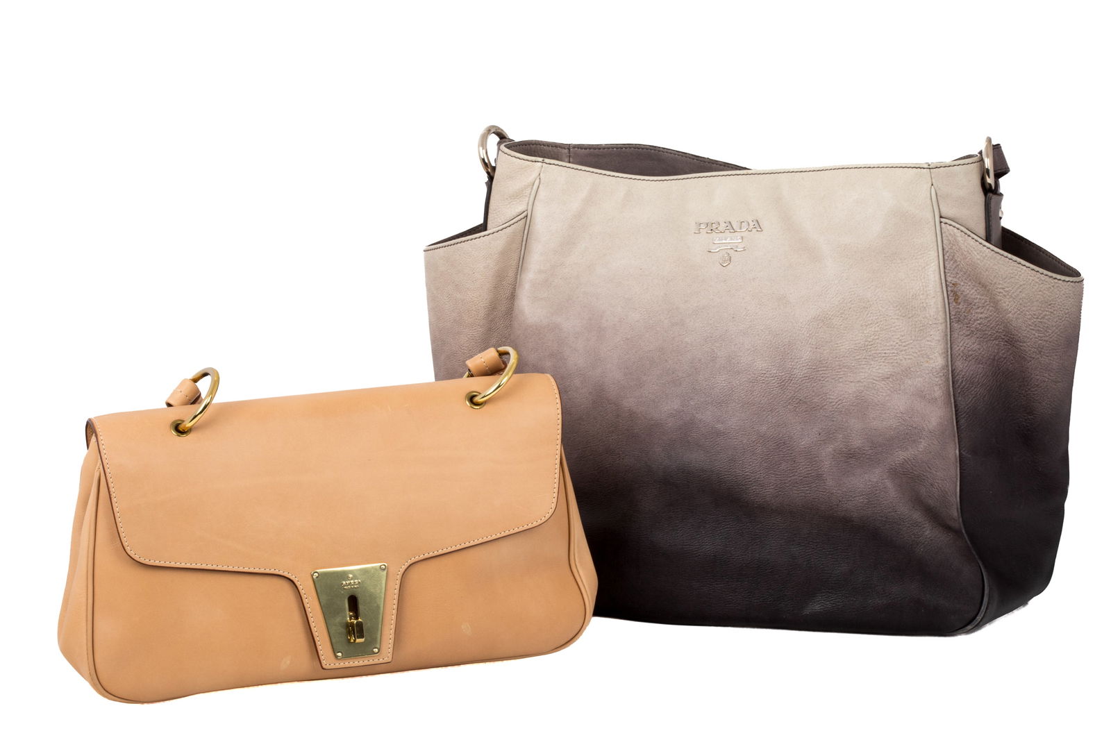 GUCCI TAN SHOULDER BAG & PRADA GREY OMBRE HOBO BAG: Gucci Light Brown Tan Leather Shoulder Bag, made in Italy. Including original dust bag. Serial number on the reverse of the brand tag. 29 x 16.5 x 7 cm Prada Sfumato Fumo Ombre Glace Calf Side Pocket