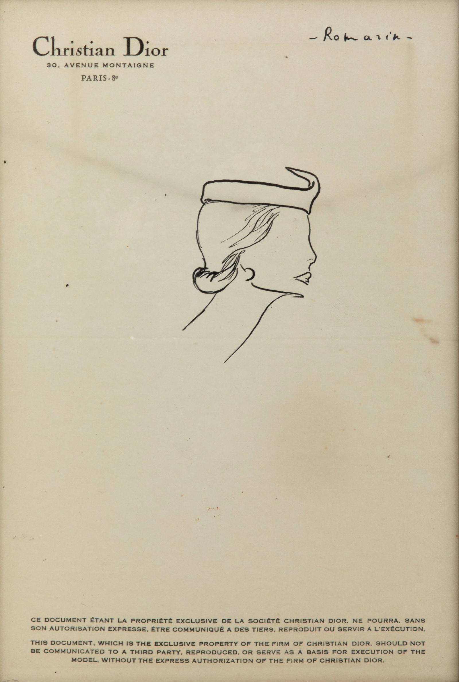 CHRISTIAN DIOR HAUT COUTURE SKETCH: Of a woman in hat on thin paper, top left corner letterhead from Christian Dior, 30 Avenue Montaigne, Paris 8. Framed. 12 x 8in