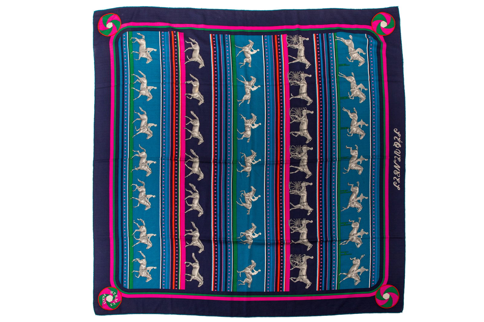 HERMES CASHMERE SILK SQUARE SCARF SEQUENCES: Hermes Carre - Sequences, 1984, designed by Caty Latham. 1980-90s care tag attached. Original box not included.53 x 53 in