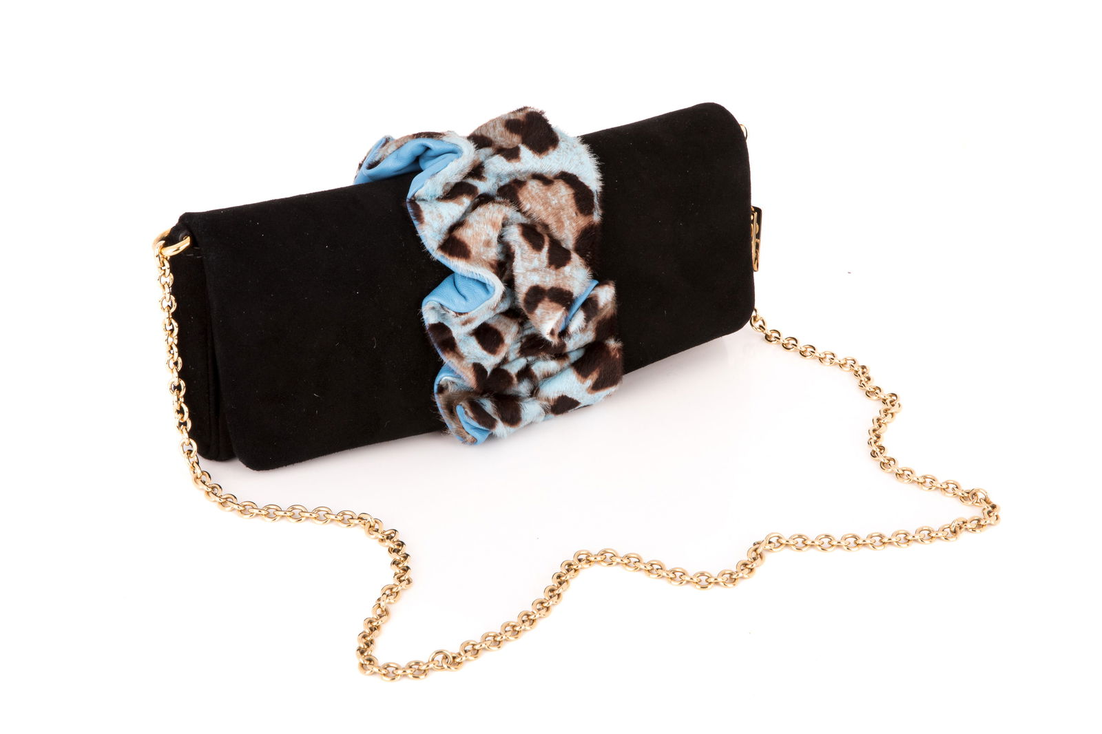 DOLCE & GABBANA SUEDE LEOPARD CROSSBODY BAG: Dolce & Gabbana Black Suede and Blue Leopard-print Ruffle Crossbody Clutch. Made in Italy. Attached with gold-tone chain with magnetic button clasp. Original dust bag included.29 x 12 x 5 cm