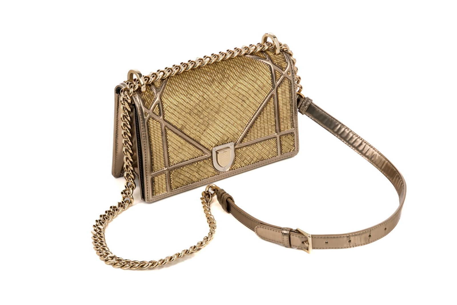 DIOR GOLD BEADED CRUISE 2016 DIORAMA HANDBAG: Gold beading on the strap closure, over a metallic beaded body, gold chain. Purchase card for Rodeo Drive shop, M04210SNK. Fall / Winter 2016 W 8 1/2 x H 6in.