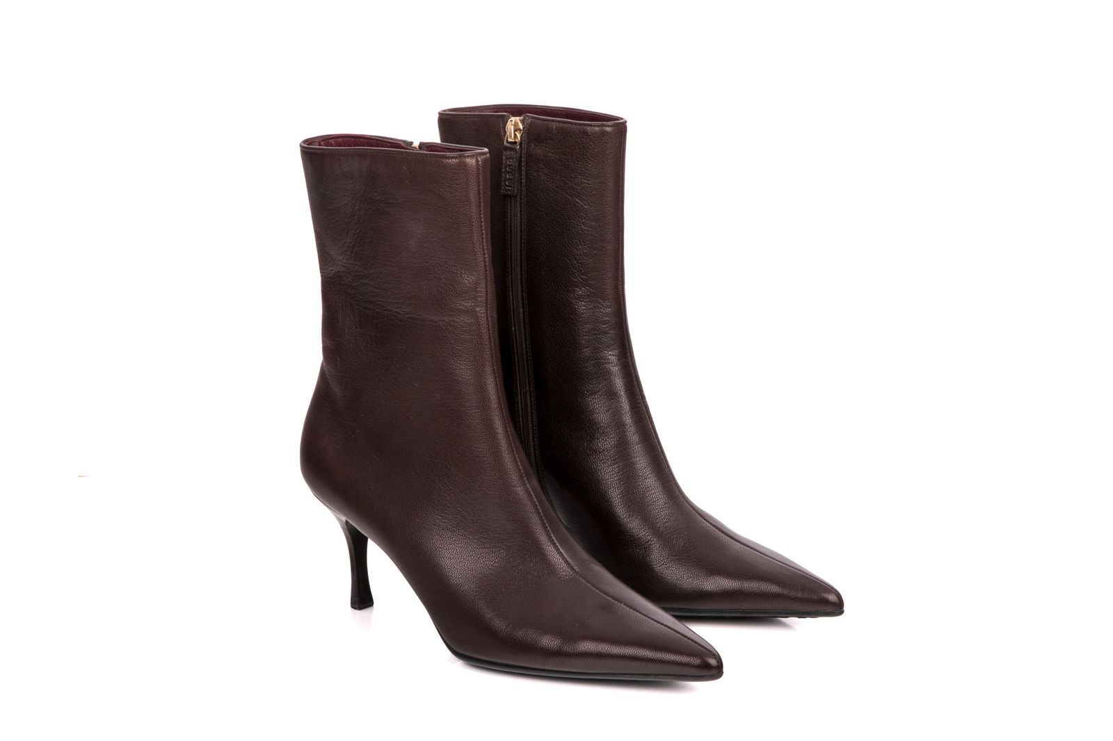 GUCCI LEATHER ANKLE POINTED BOOTS DARK BROWN (1 of 4)
