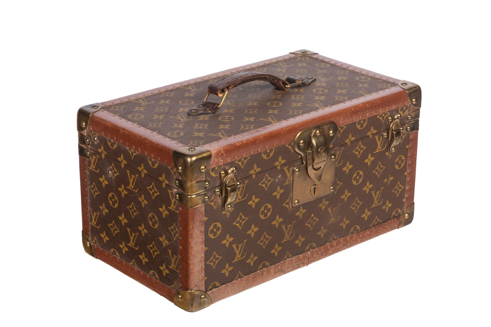 VINTAGE LOUIS VUITTON TRAVEL CASE: Louis Vuitton Monogram Canvas Hard-sided Travel Case, 1950s-1970s. With one removable tray. Does not include original keys. Serial number on Ave Marceau 78 Bis Paris, with vintage Saks & C Fifth