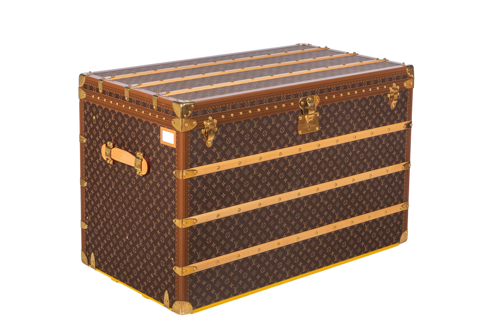 LOUIS VUITTON STEAMER TRUNK MALLE HAUTE 110: Louis Vuitton Monogram Steamer Trunk, Malle Haute 110, 21st century. In mint condition, with three removable trays, two keys, and original RFID stickers. H. 43 5/16in x W. 27 15/16in x D. 23