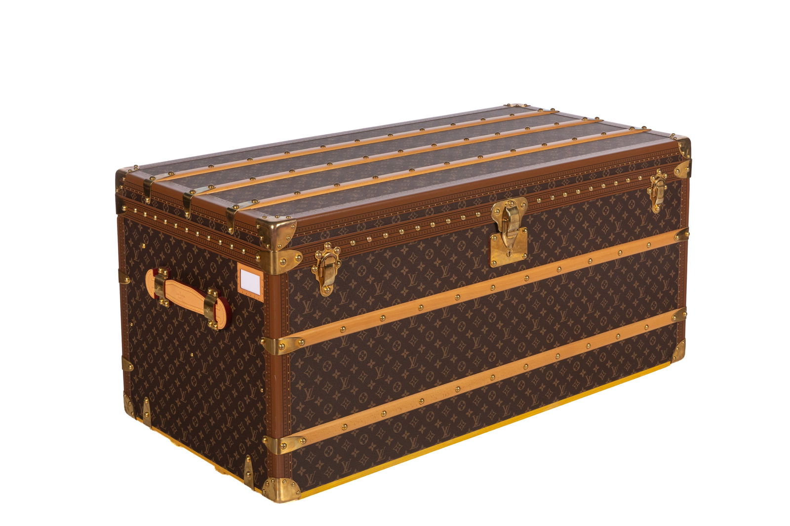 LOUIS VUITTON STEAMER TRUNK COURRIER LOZINE 110: Louis Vuitton Monogram Steamer Trunk, Courrier Lozine 110, 21st century. In mint condition, with two removable trays, two keys, clochette, and original RFID stickers. H. 43 5/16in x W. 20 1/16in
