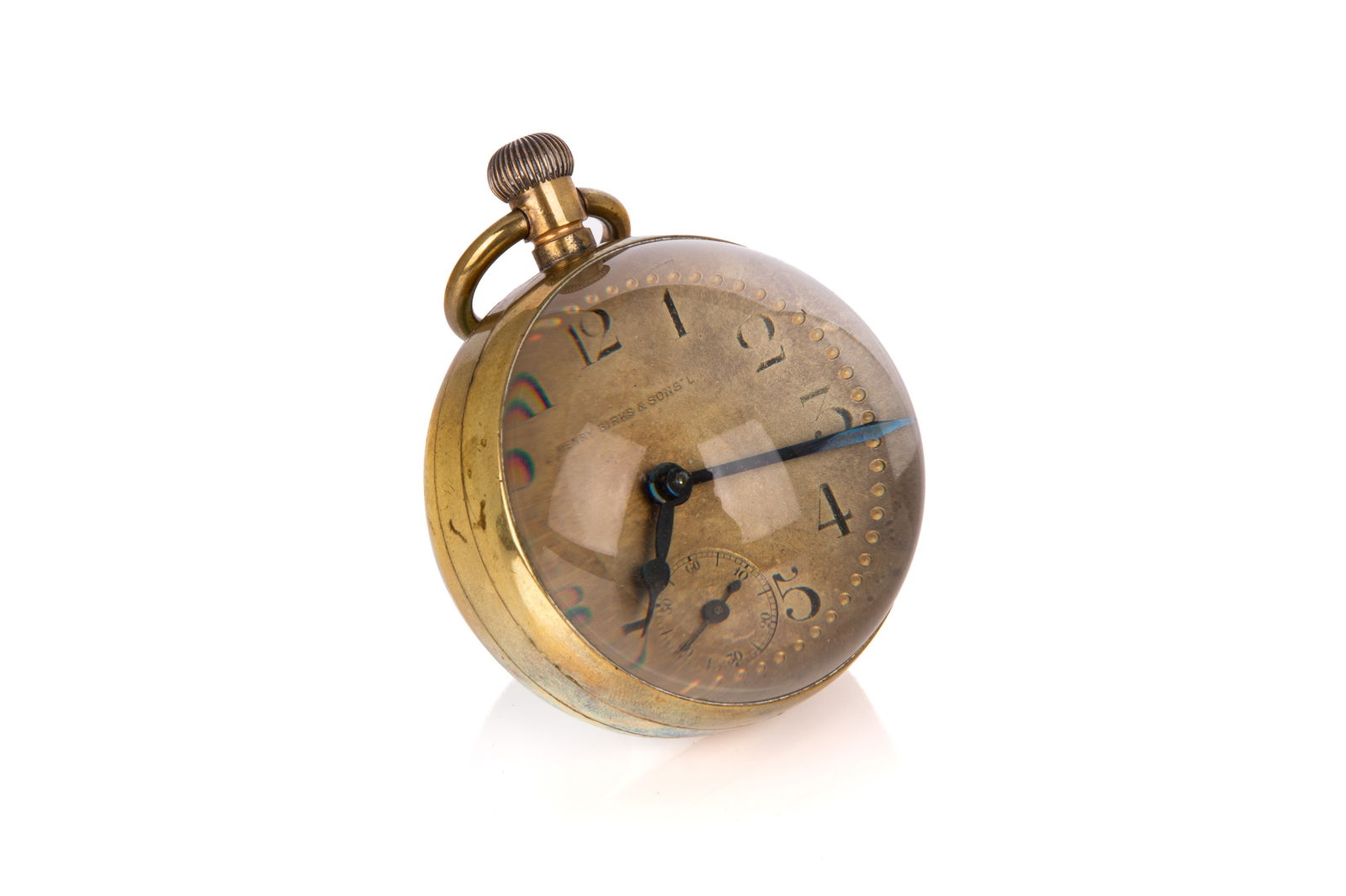 19th C SWISS BALL CLOCK: Brass case with glass rounded cover retailed by Henry Birks & Sons.