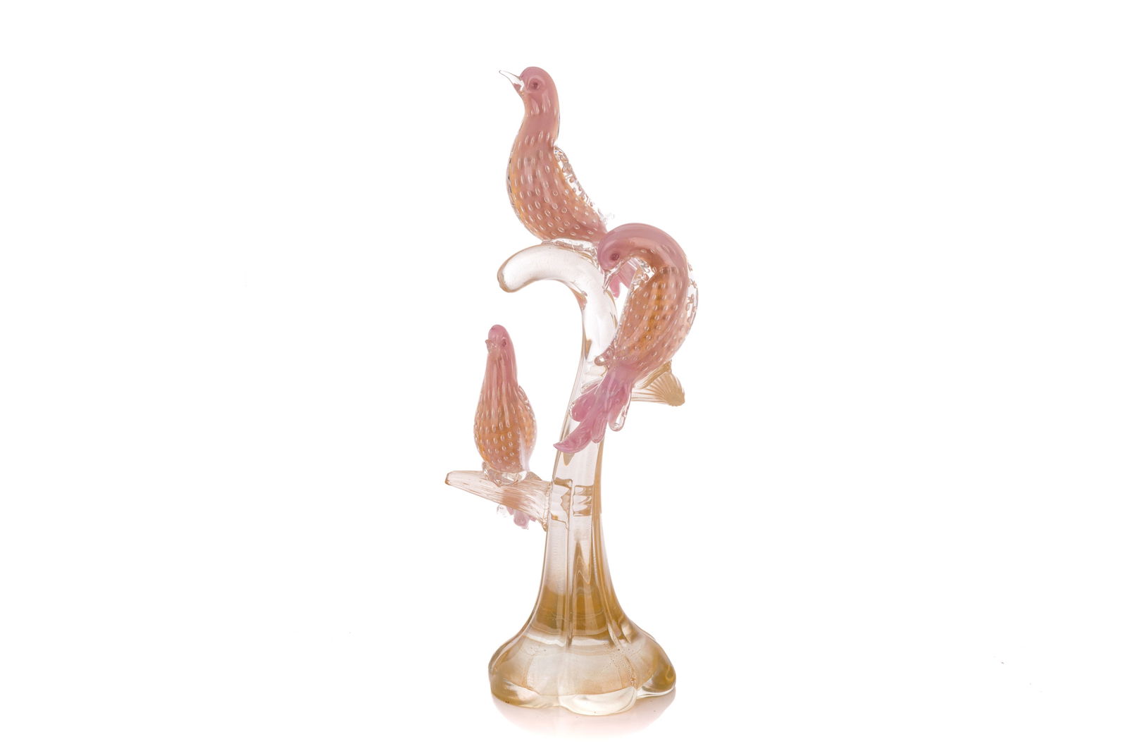 VINTAGE MURANO GLASS BIRD SCULPTURE: Gold flecked tree with three pink birds attributed to Barbini, Italian, mid 20th C. H 53cm (20 3/4in)