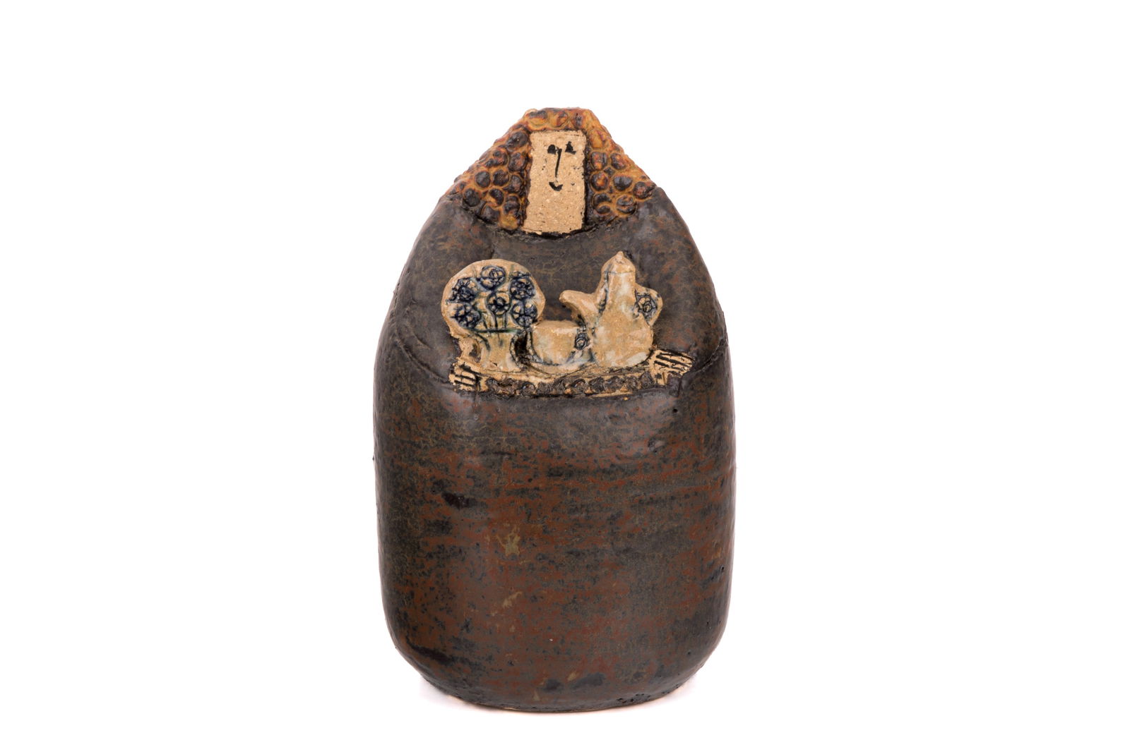 LISA LARSON FEMALE POTTERY FIGURE: H. 9" x W. 5 1/4" x D. 4 1/2" (22.7cm x 13.3cm x 11.7cm)