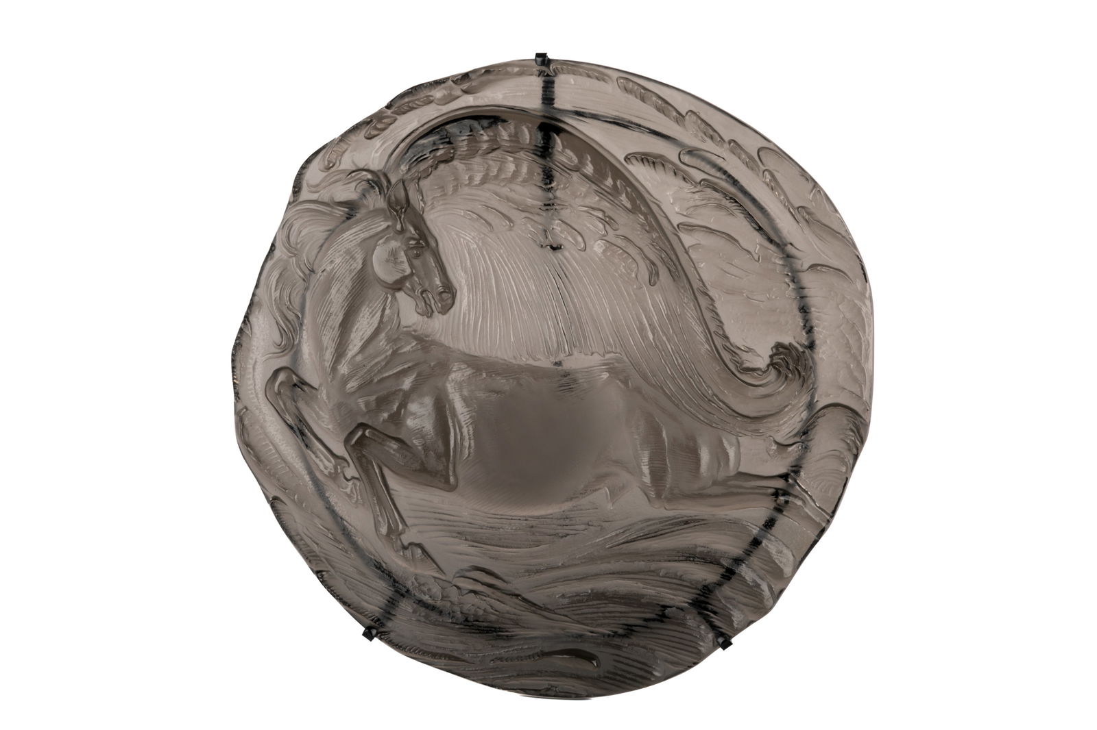 ERNST FUCHS FOR ROSENTHAL 'PEGASUS' GLASS PLAQUE: Moulded smoked glass plaque by Ernst Fuchs (1930-2015) for Rosenthal in the 'Pegasus' style. Acid etched signature with the limited edition number 445/3000 and 'Jahresteller 1980 Rosenthal Kunstreihen