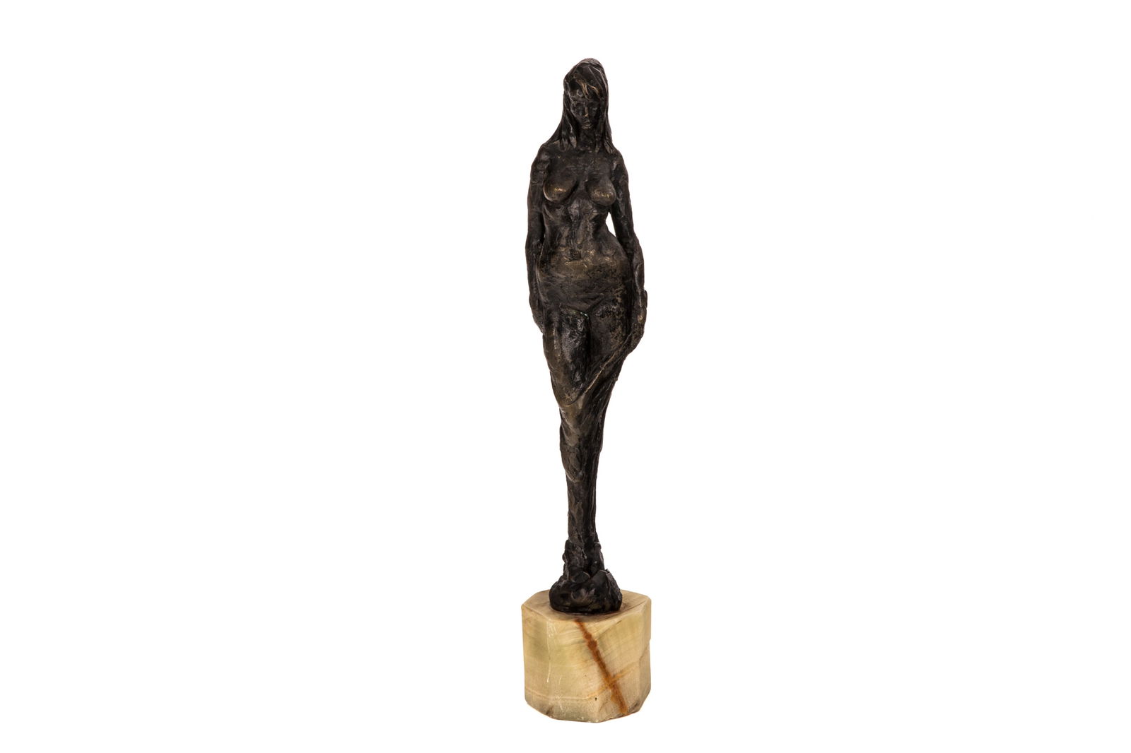 PATINATED BRONZE NUDE SCULPTURE: Standing figure of a voluptuous nude on green onyx base, unidentified. H. 16 3/8" (41.5cm)