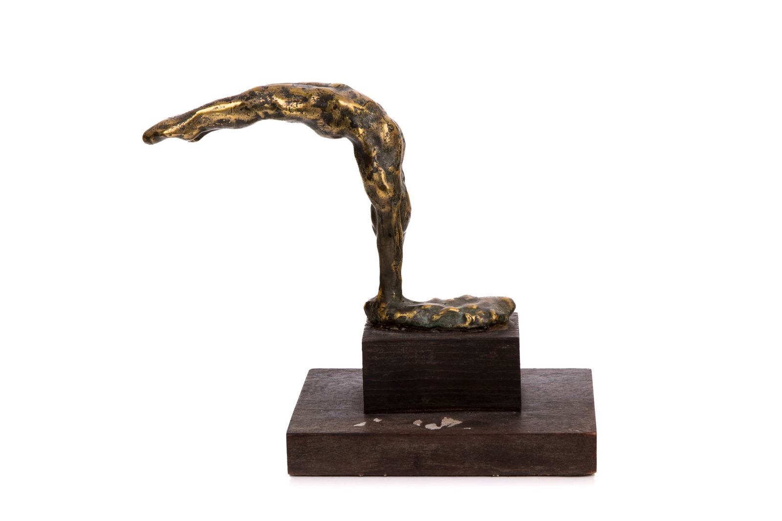 20th C BRONZE SCULPTURE OF A NUDE GYMNIST: On a wood base, signed and dated indistinctly, circa 1970. H of bronze 12.5cm (5in)