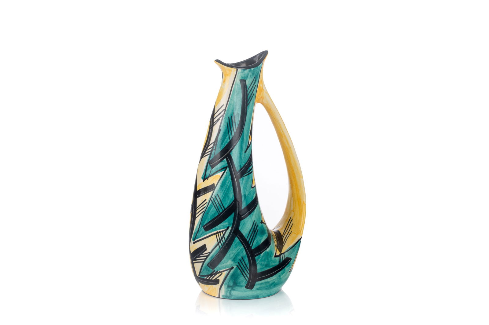 MID-CENTURY BIOMORPHIC POTTERY VASE: Multi-coloured biomorphic style vase hand-painted with geometric motifs in yellow and green glaze. Signed and numbered to the bottom. Unknown origin, mid-20th C. H.: 30.5 cm (12")