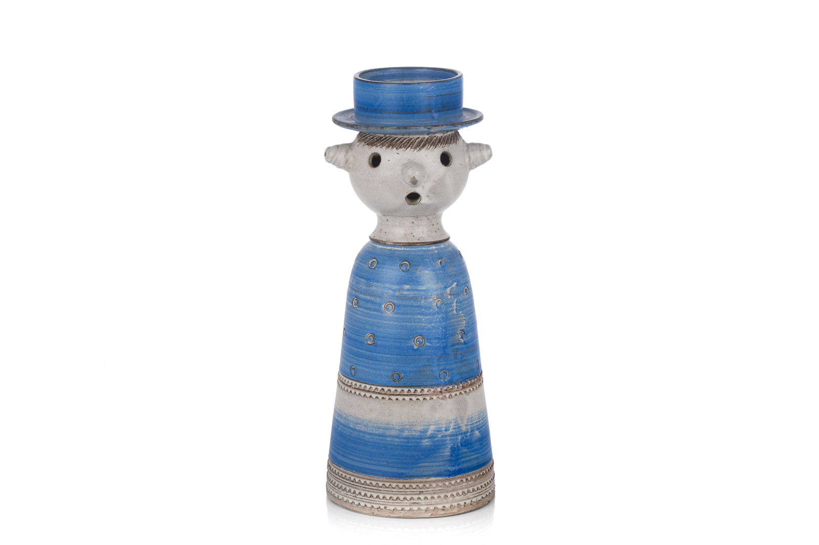 SEBASTIANO MAGLIO FOR HAEGER POTTERY FIGURE: Large boyish pottery figure by Sebastiano Maglio for Haeger. In a watery blue palette with incised geometric patterns throughout. Marked 'Haeger S. Maglio' to the underside. American, mid-20th C. H.: