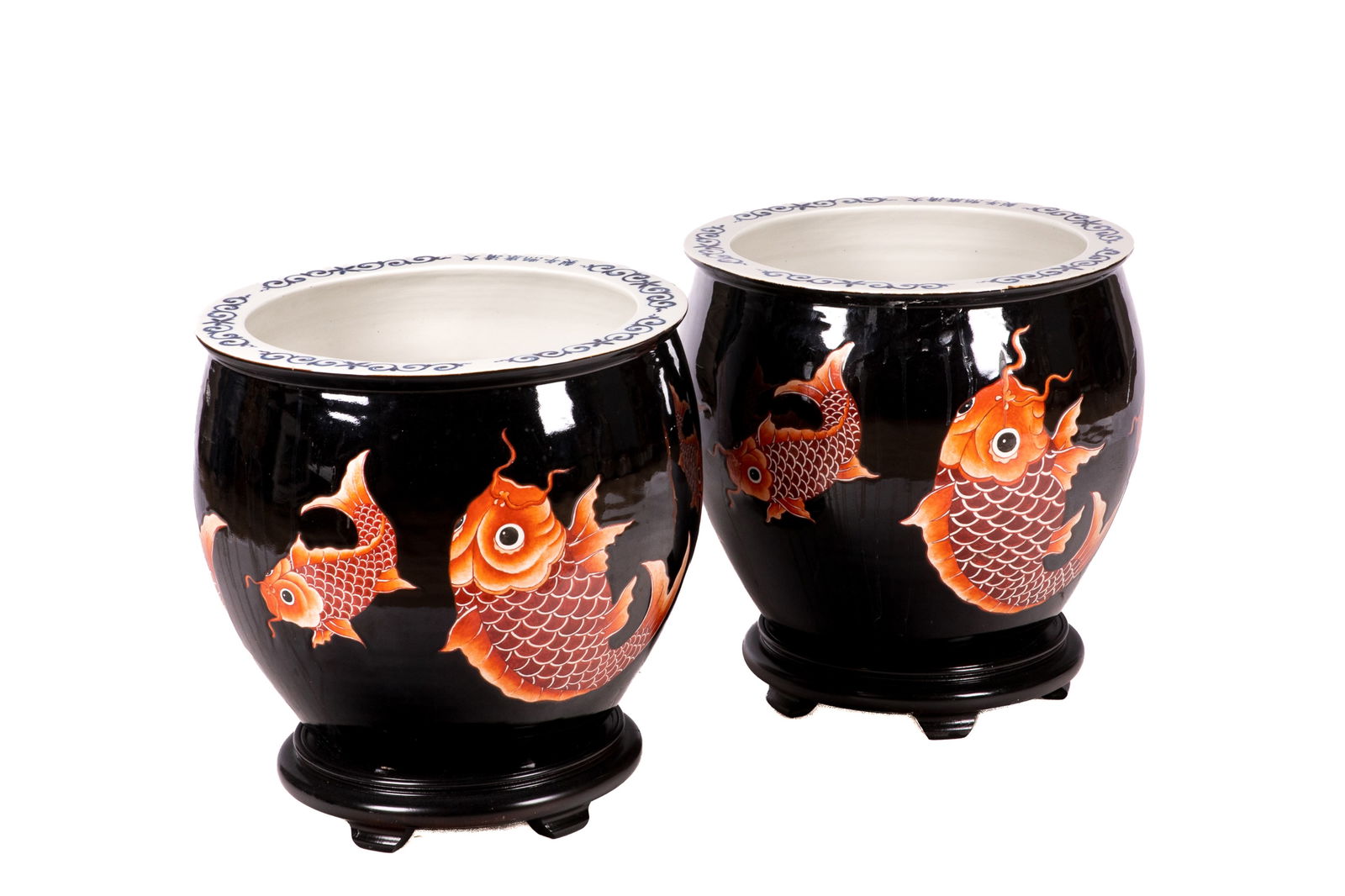 PAIR OF CHINESE PORCELAIN FISH BOWLS: Black glazed large jardeniers with painted coy fish. H. 17in x Dia. 18 1/2in