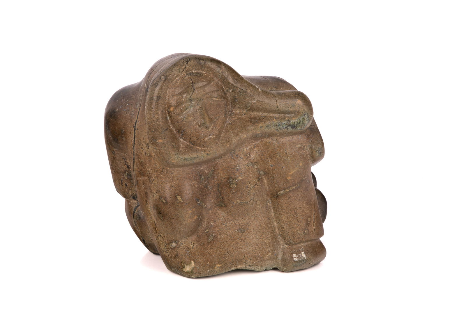 INUIT SOAPSTONE 'AFTER THE HUNT': Of a hooded woman carrying a seal on her back.