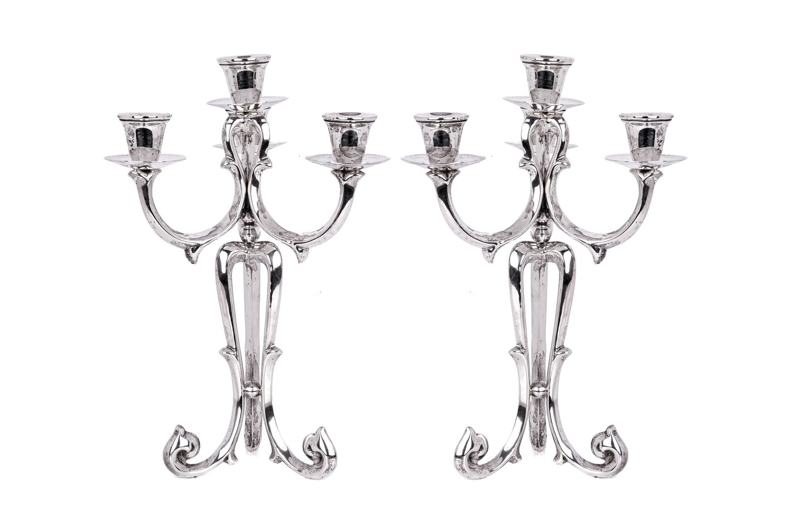 PAIR MODERNIST MEXICAN SILVER CANDELABRAS, 4000g (1 of 2)
