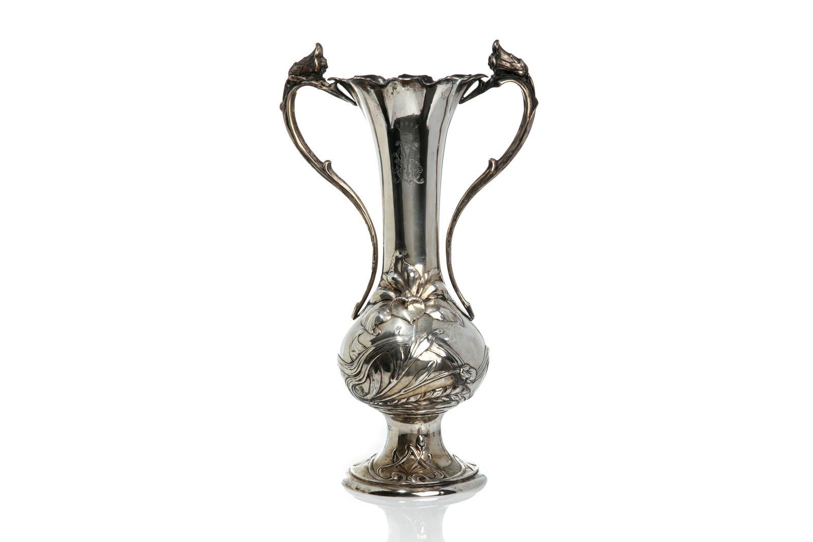 LARGE CONTINENTAL ART NOUVEAU SILVER VASE, 1637g (1 of 6)