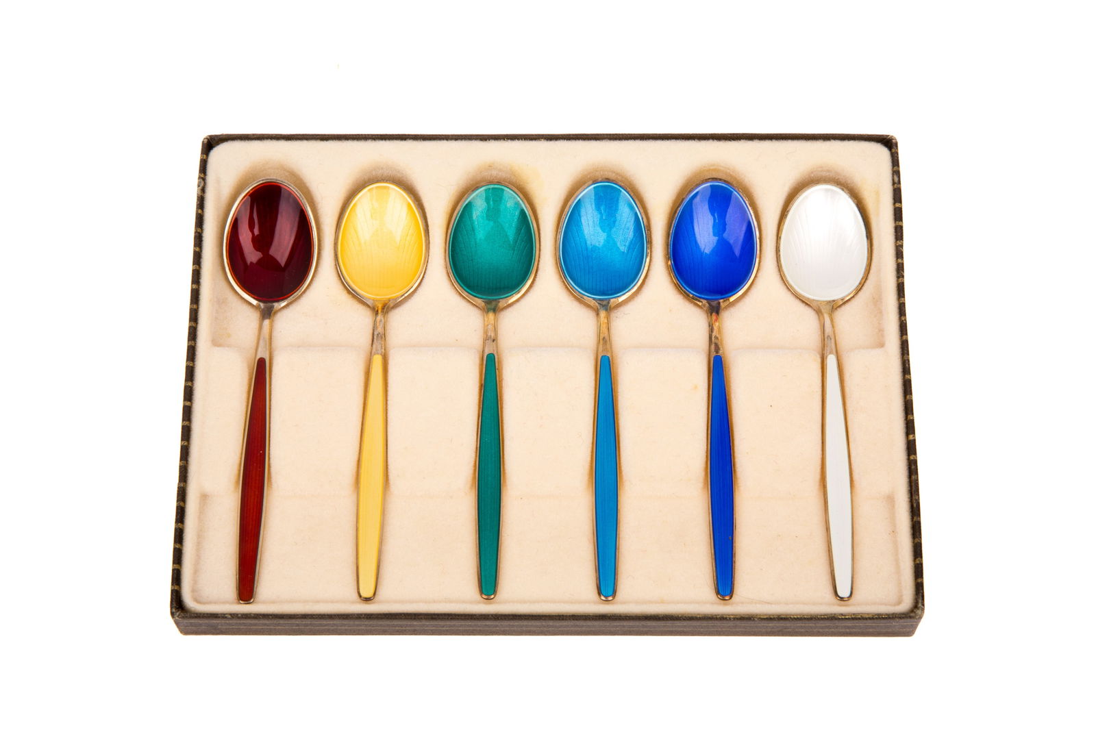 NORWEGIAN HARLEQUIN SILVER & ENAMEL TEASPOONS, 55g: Six spoons of varying colours. All stamped Norway A set of six sterling silver and enamel Harlequin teaspoons. Each enamelled on the handle and bowl in red, yellow, teal, cerulean, ultramarine,
