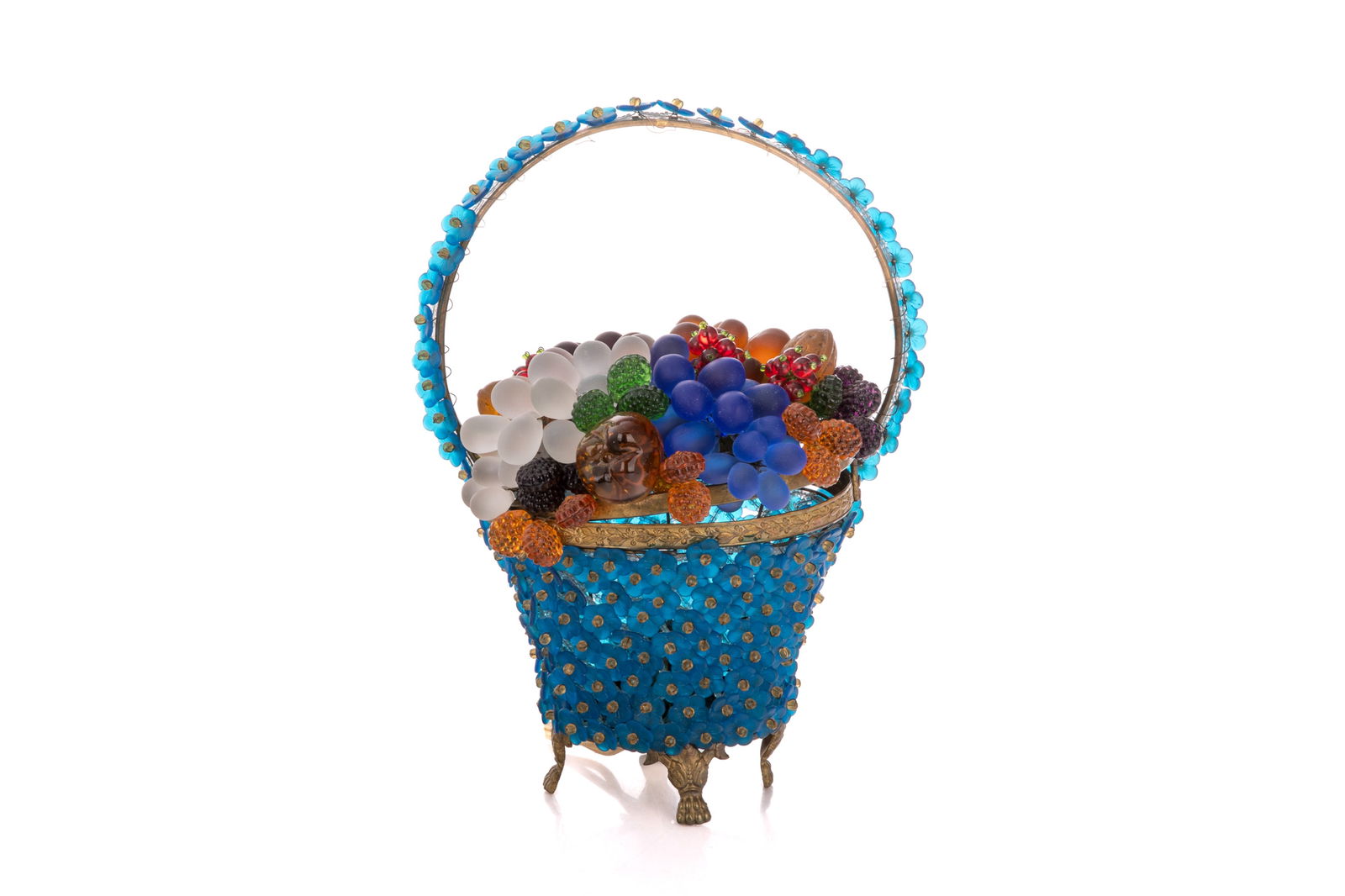 CZECH VINTAGE GLASS FRUIT BASKET TABLE LAMP: Blue flower beaded glass fruit basket with mixed glass beads and fruit, circa 1940. H 27cm (10 1/2in)