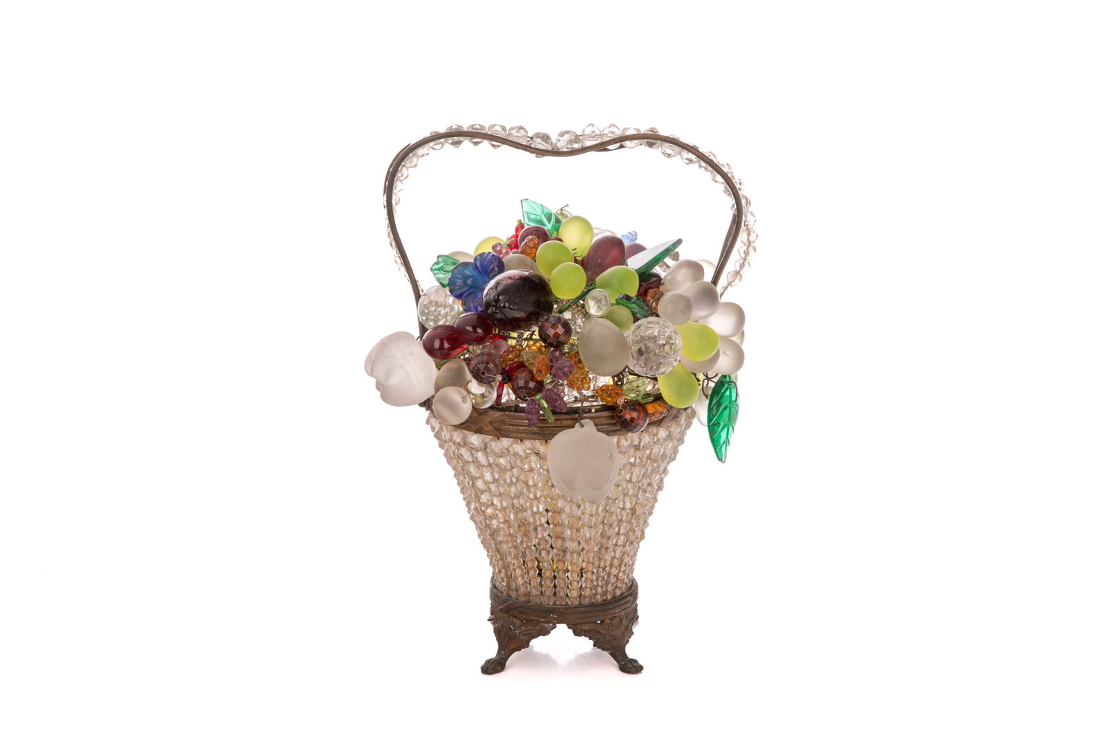 CZECH VINTAGE GLASS FRUIT BASKET TABLE LAMP: Clear faceted beaded glass fruit basket with mixed glass beads and fruit, circa 1940. H 25cm (9 3/4in)