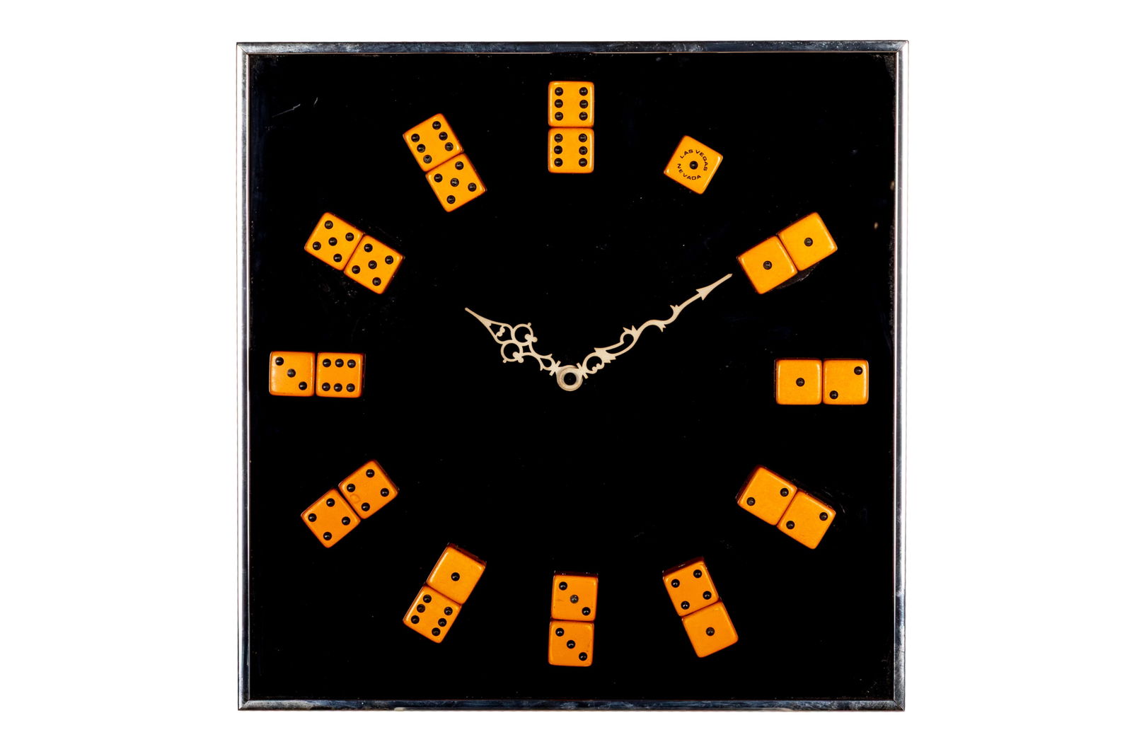 VINTAGE PLAYING DICE WALL CLOCK: Black background with white metal frame, battery operated clock, the numbers as dice, a souvenir from Las Vegas, Nevada. From the Estate of Gordon Lightfoot.