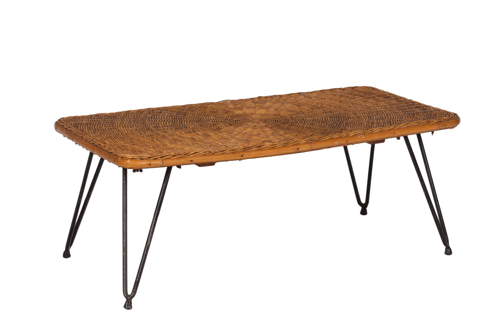 MID C. WOVEN RATTAN & WROUGHT IRON COFFEE TABLE: Attributed to Raoul Guys French C 1960. H. 14" x W. 36 1/2" x D. 19"