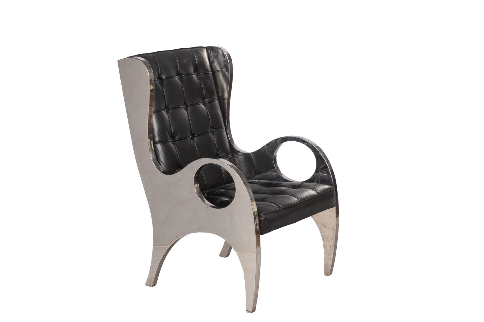 BLACK LEATHER AND METAL VINTAGE ARMCHAIR (1 of 4)