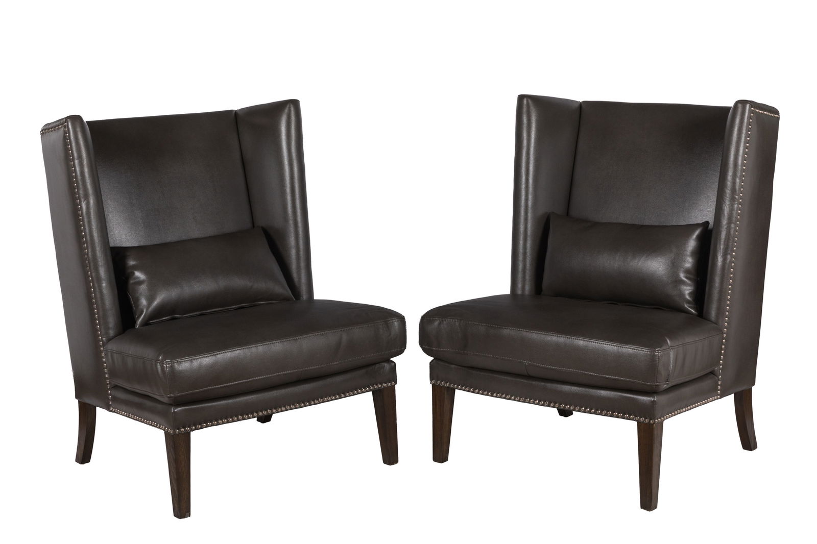 PAIR OF CONTEMPORARY LEATHER CHAIRS: Grey leather with studded detail. H. 42" x W. 32" x D. 27"
