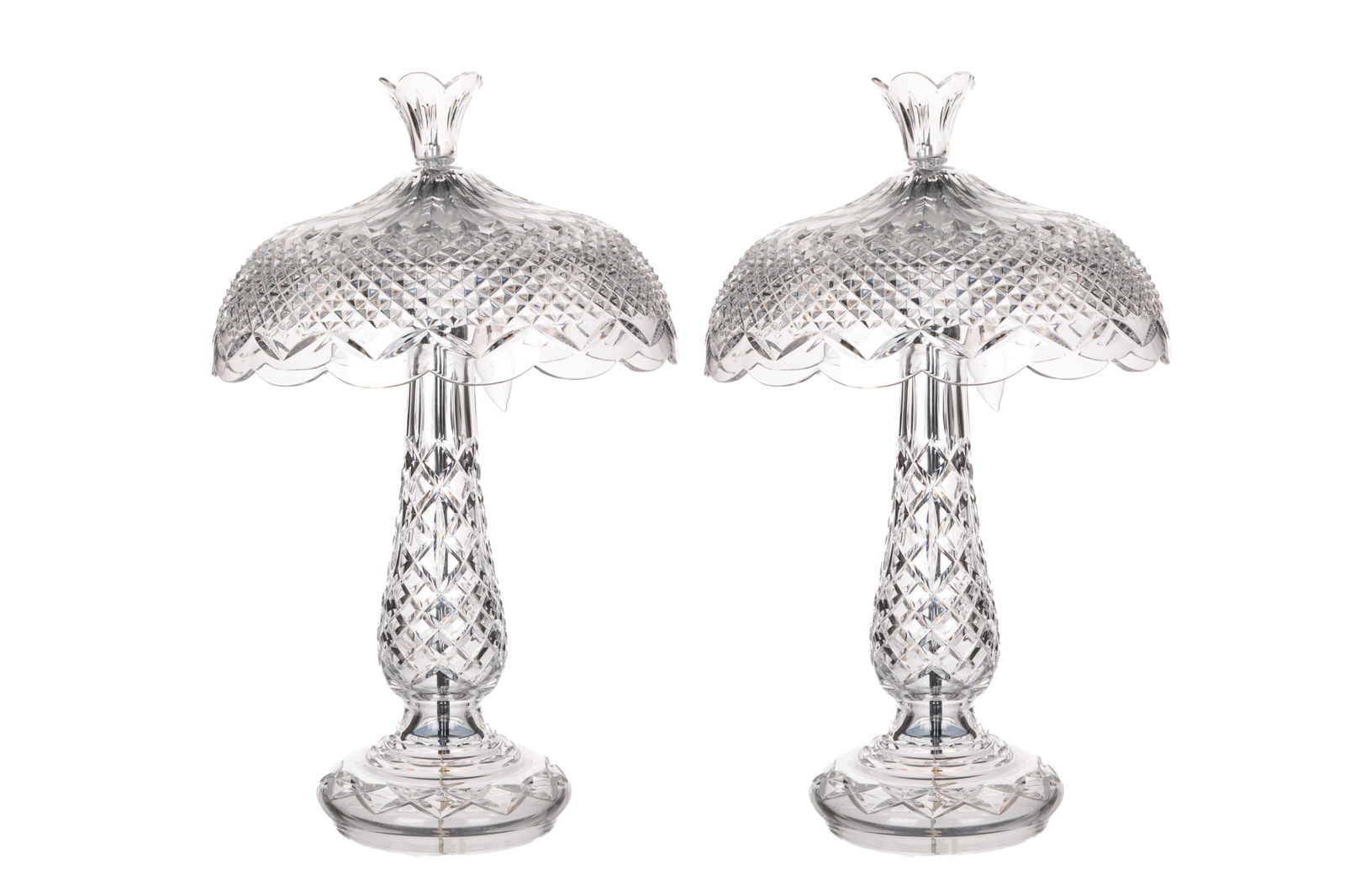 PAIR OF WATERFORD ACHILL CUT GLASS TABLE LAMPS: Hurricane form with cut glass shades and bases. H 57cm (22 1/2in)