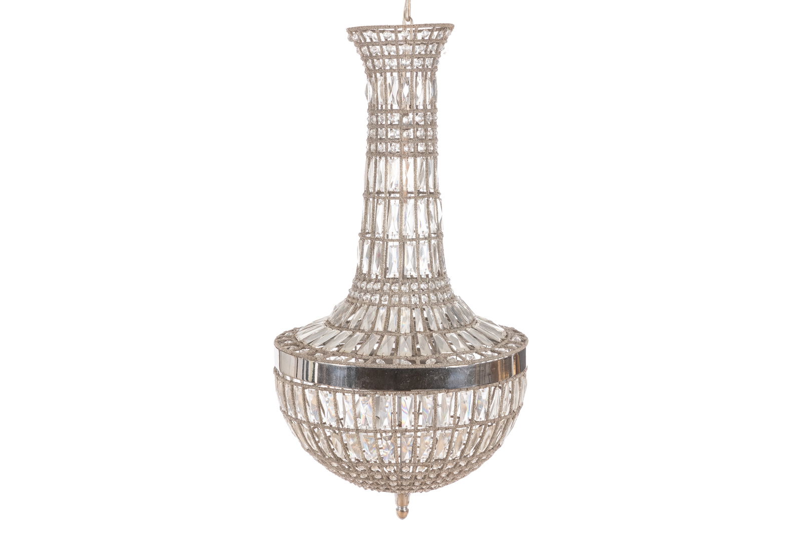 ART DECO CHROMED METAL & CUT GLASS CHANDELIER: Elongated lighting fixture with rounded bottom, tightly beaded wire with faceted cut glass lustres. H 36" x D 22"